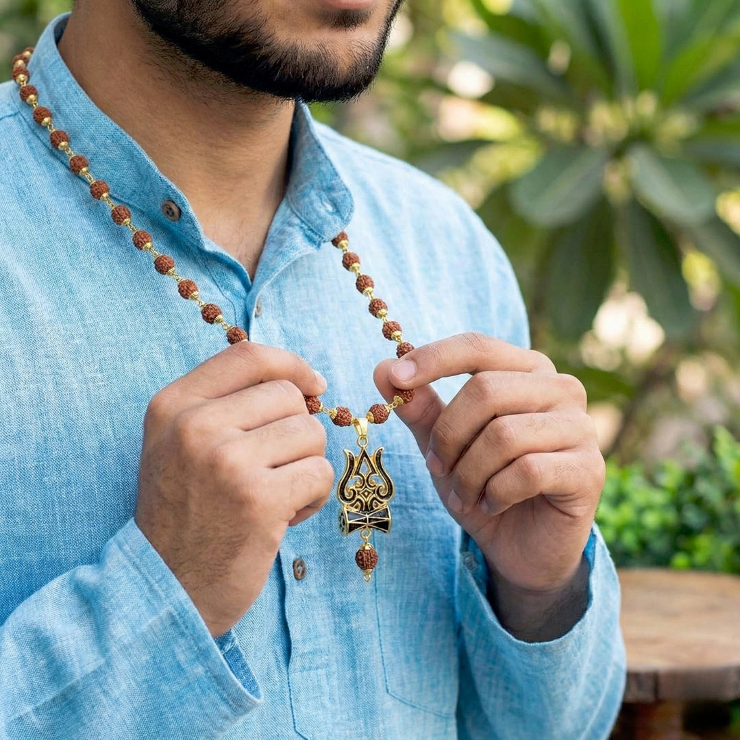 Man holding a beaded necklace with a decorative pendant outdoors