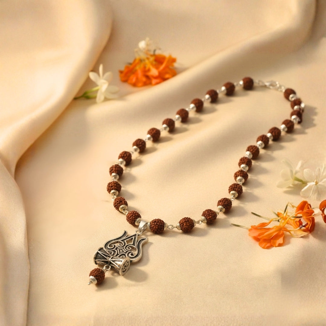 Silver Rudraksha Mala with Shiva Trisul Pendant - VAMA Mall