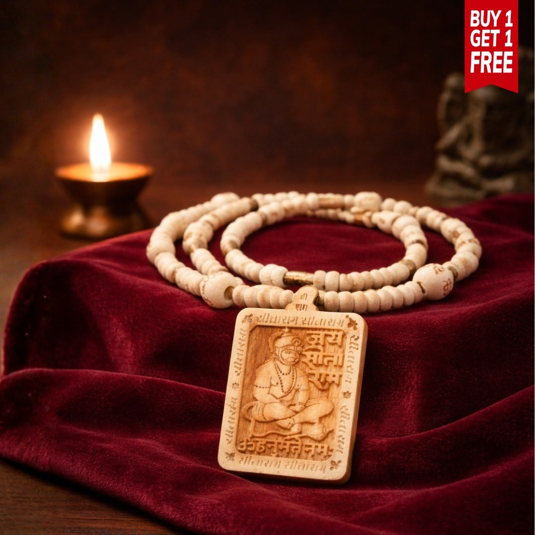Original & Natural Wood Tulsi Kanthi Mala With Hanuman ji Locket Pendant (Pack of 2) | Buy 1 Get 1 FREE + 5 Mukhi Rudraksha FREE