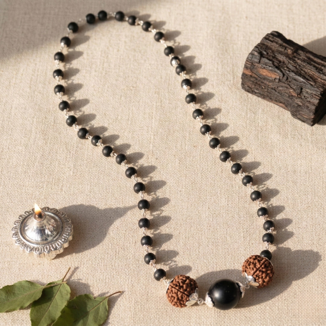 Silver Capped Karungali Malai with 5 Mukhi Rudraksha & Black Bead - VAMA Mall