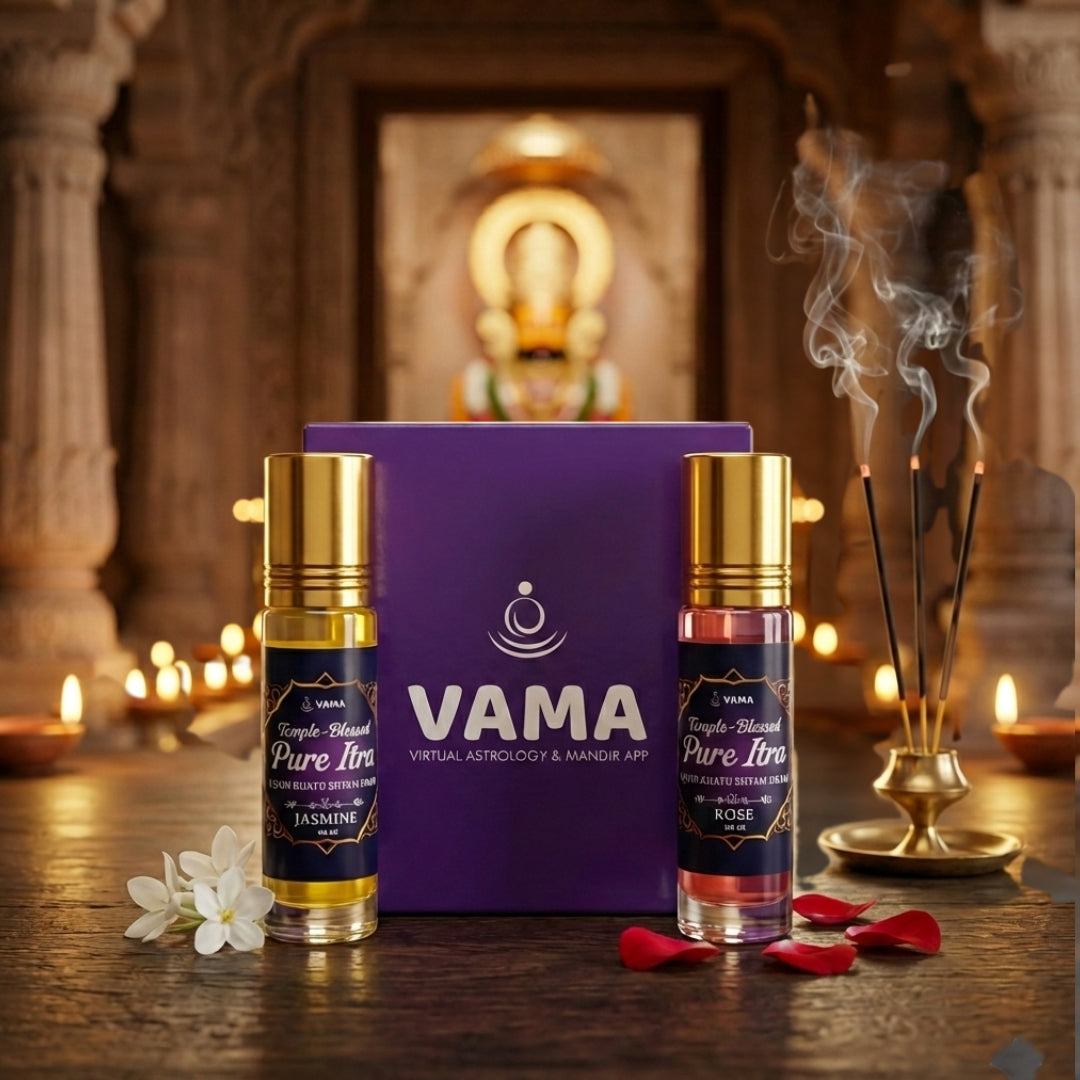 Two bottles of VAMA Pure Aura with a purple box on a decorative background.