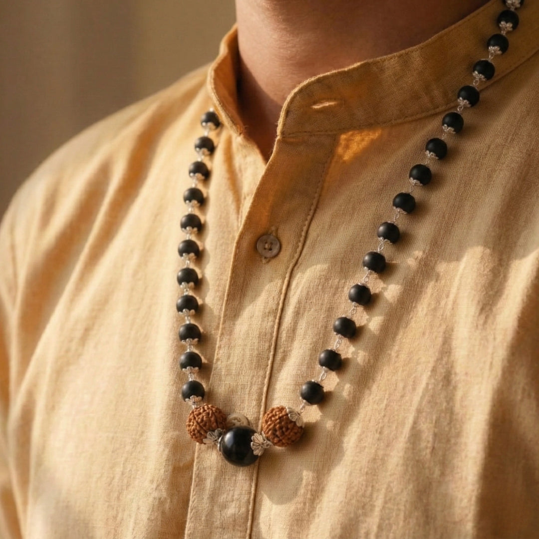 Silver Capped Karungali Malai with 5 Mukhi Rudraksha & Black Bead - VAMA Mall