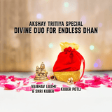 Decorative setup with a red and gold potli bag, and Vaishnav Laxmi statue.