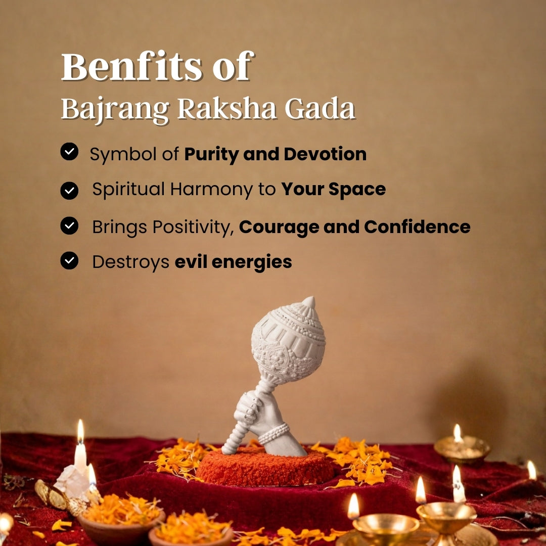 Bajrang Raksha Gada with decorative elements on a red cloth against a beige background