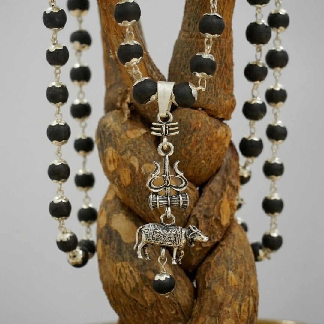 Shiv Trishul Nandi Pendant & Silver Cap Karungali Mala