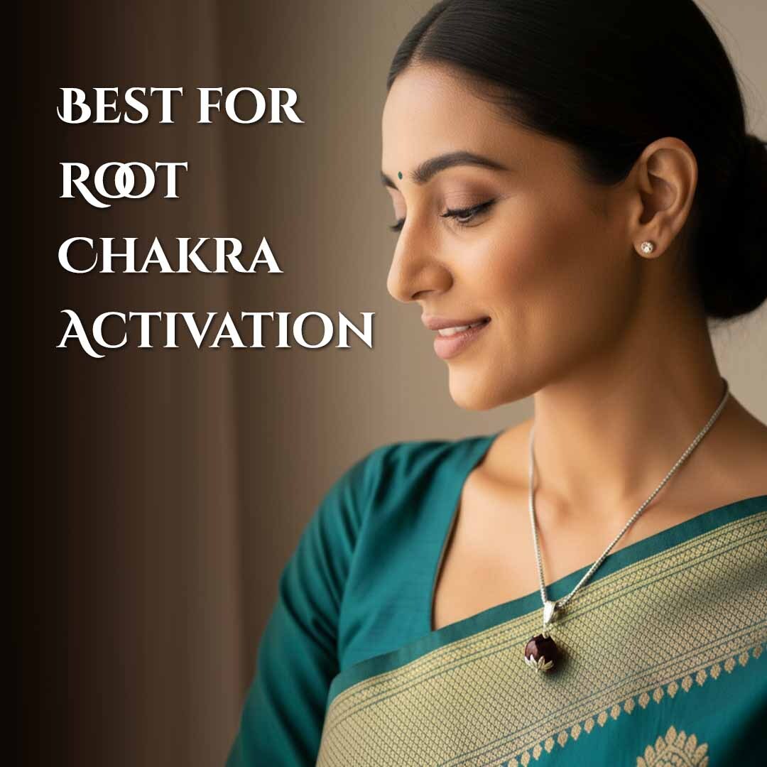 Woman wearing a necklace with text Best for Root Chakra Activation.