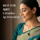 Woman wearing a necklace with text Best for Root Chakra Activation.