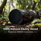 Natural ebony wood log in a forest setting with promotional text overlay.