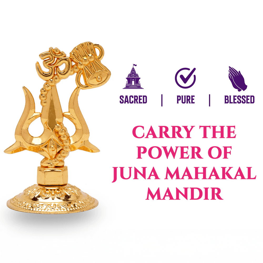 Gold Shiva trident with 'Juna Mahakal Mandir' text and icons on a white background