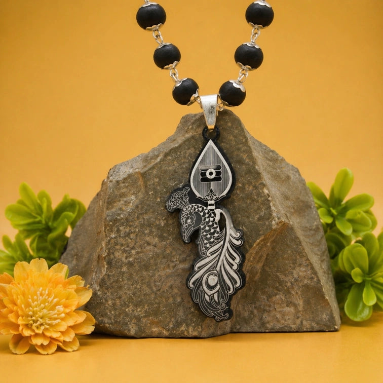 Murugan Trishul Peacock Pendant with Silver Karungali Mala