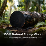 Natural ebony wood log in a forest with text about its natural origin.