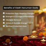 Siddh Hanuman Gada with benefits listed on a blurred background