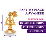 Gold decorative item with measurements and text on a white background