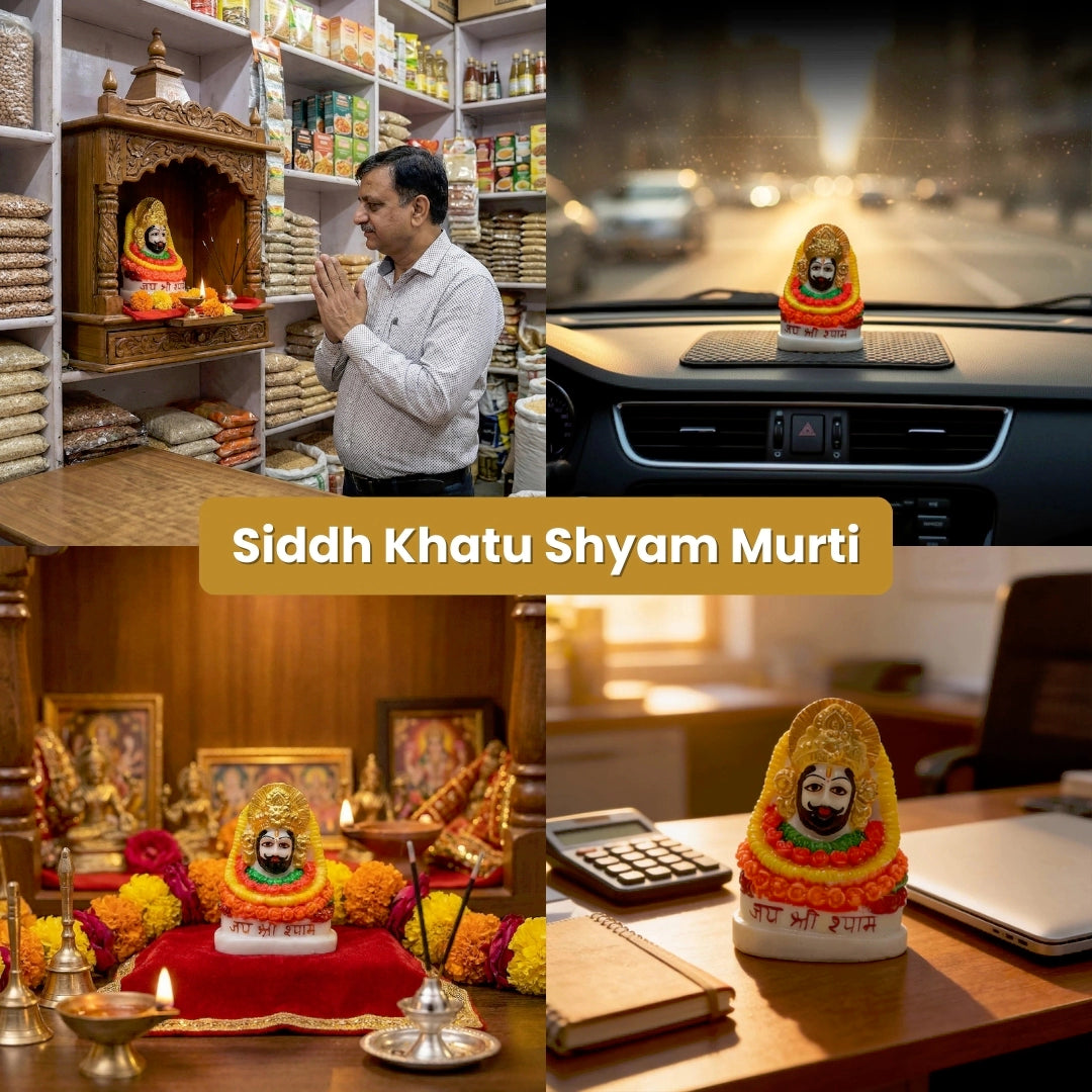 Collage of Siddh Khatu Shyam Murti in various settings including a home altar and car dashboard.