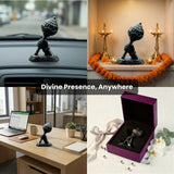 Collage of a decorative figurine in various settings with text 'Divine Presence, Anywhere.