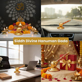Gold Siddh Divine Hanuman Gada in various settings including a car, desk, and gift box.