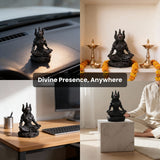 Black figurine on a car dashboard, desk, and other surfaces.