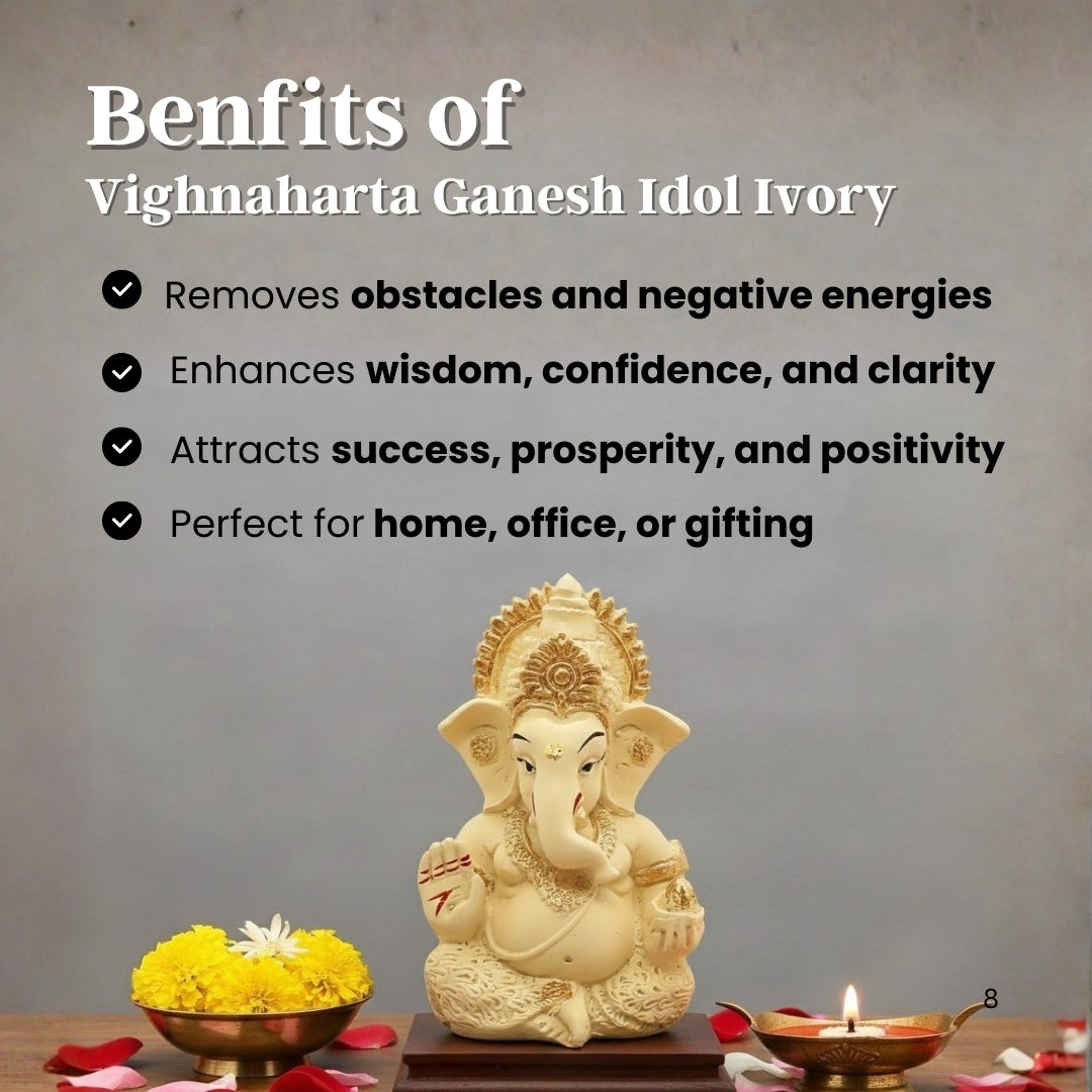 Benifits of Vighnaharta  ganesh idol in ivory color. 