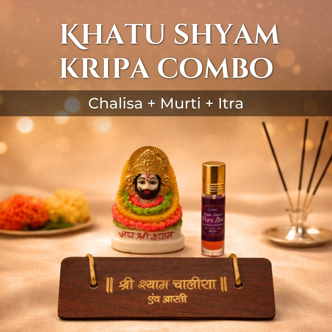 Khatu Shyam Kripa Combo with Chalisa, Murti, and Itra on a table.