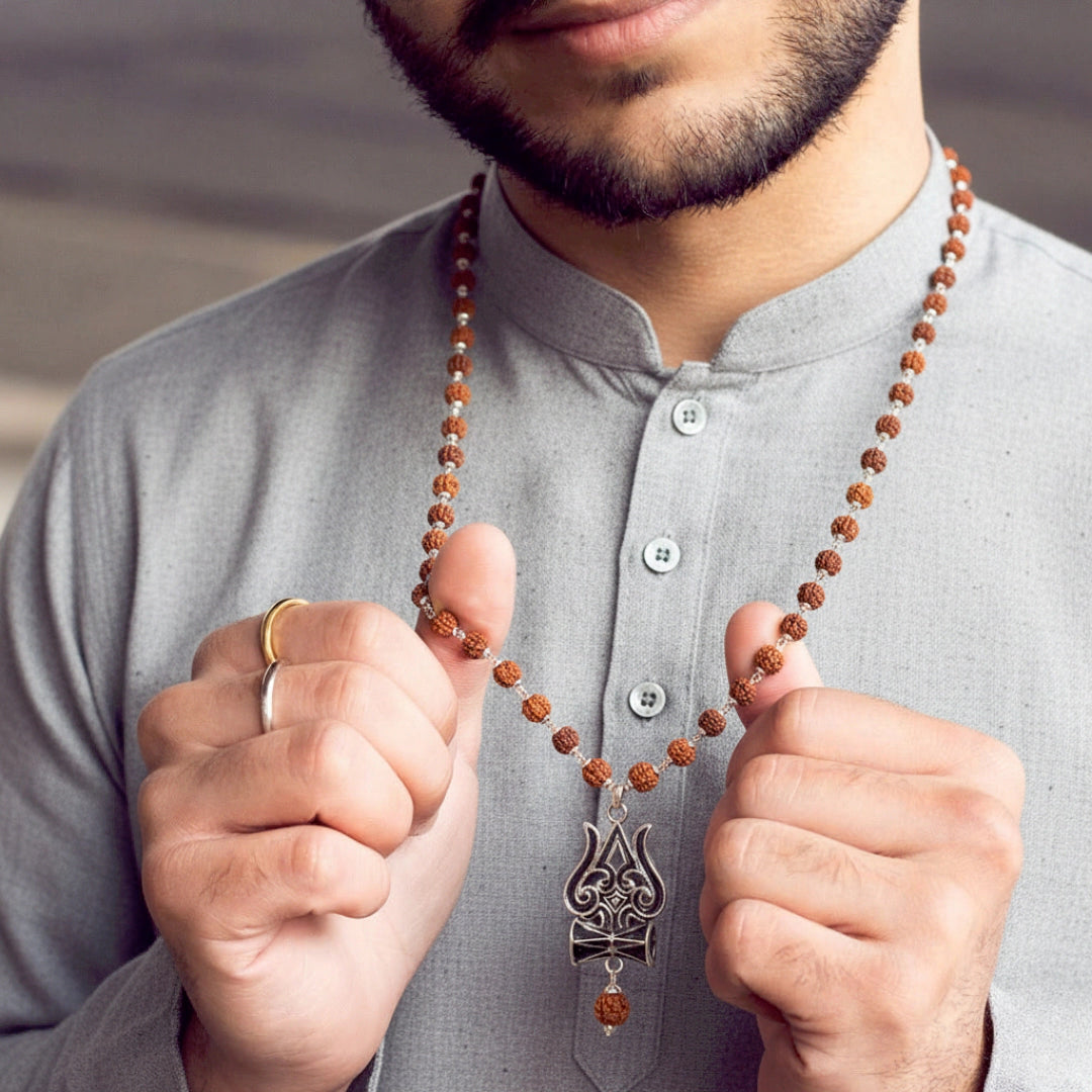 Silver Rudraksha Mala with Shiva Trisul Pendant - VAMA Mall