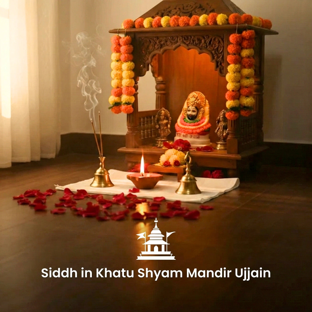 Decorative altar with flowers and lights in a temple setting