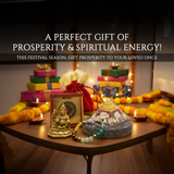Decorative table with religious items and text about prosperity and spiritual energy.