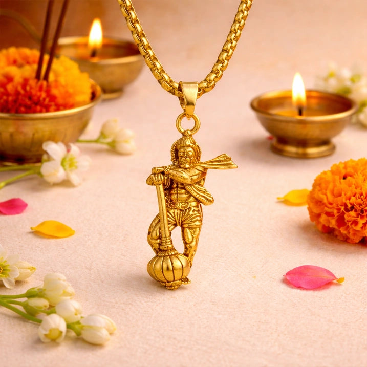 Golden Hanuman Gada Pendant with Chain.