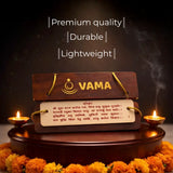 Wooden plaque with 'VAMA' branding on a dark background.