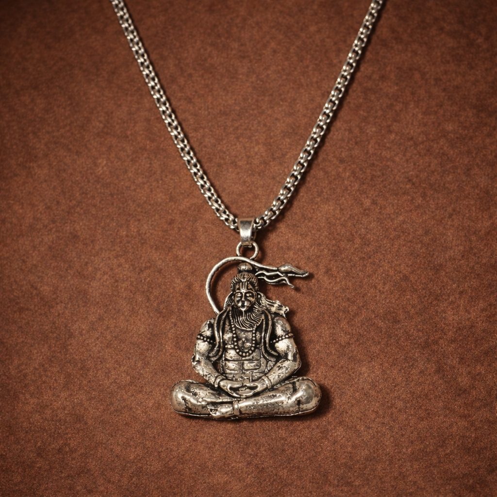 Silver pendant of a meditating figure on a chain against a brown background