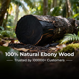 Natural ebony wood log in a forest setting with promotional text overlay.