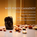 Pyrite Ganesh statue with candles and rose petals on a table, text explaining benefits.