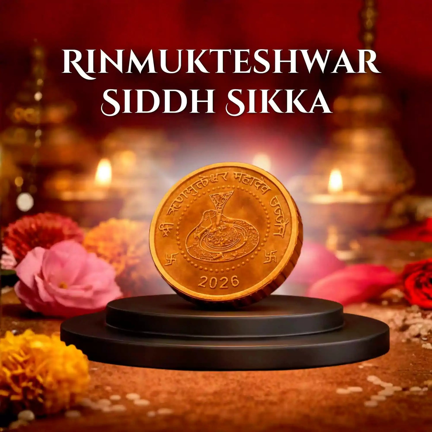 Rinmukteshwar Siddh Sikka with flowers, and lights in the background.