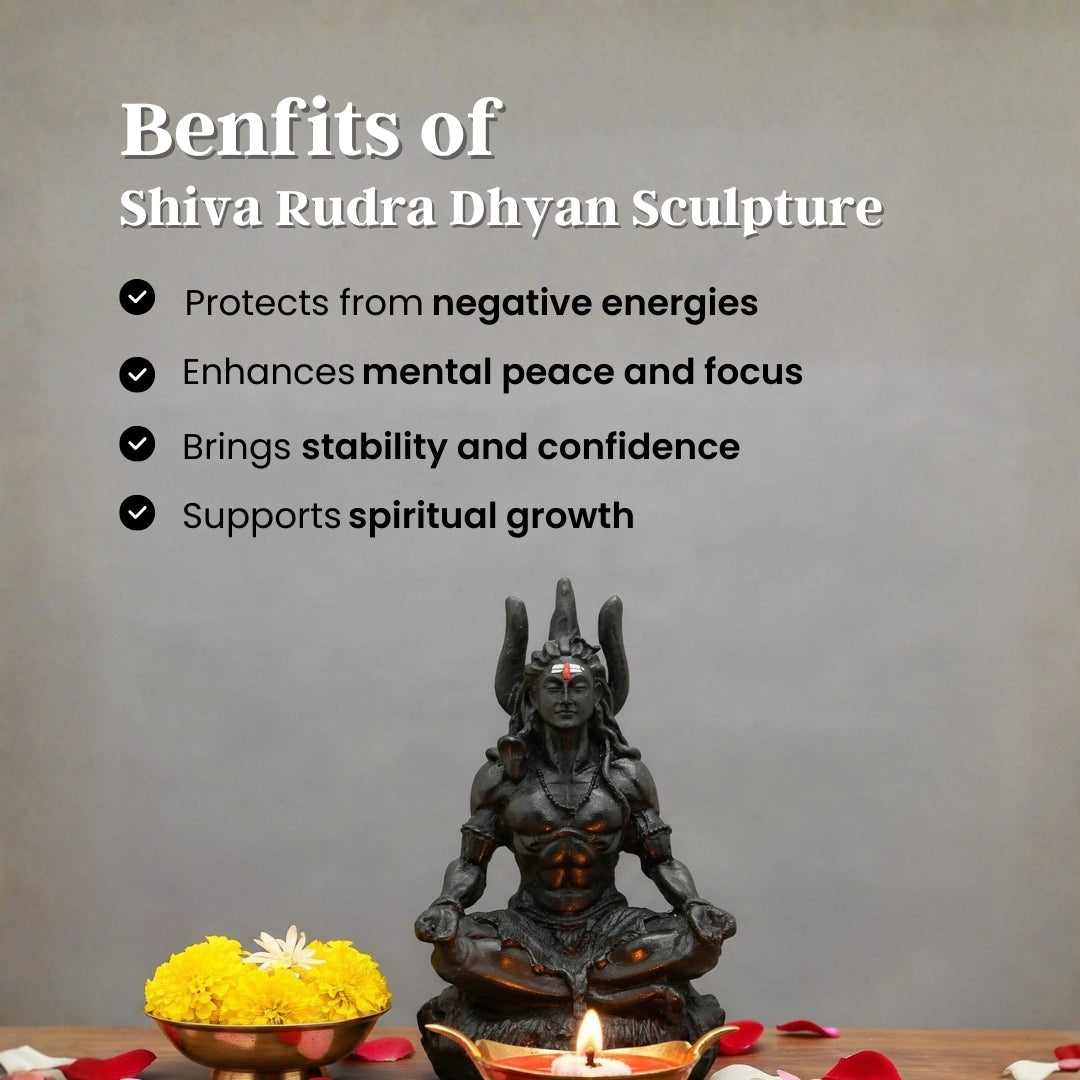 Shiva Rudra Dhyan sculpture with benefits listed on a gray background