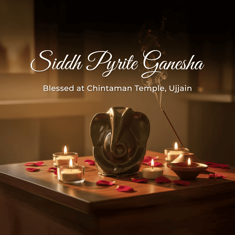 Siddh Pyrite Ganesha statue with candles and incense on a wooden surface, blurred background