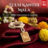 Tulsi Kanthi Mala with Hanuman ji Locket on a red fabric background