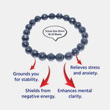 Gray beaded bracelet with text highlighting its benefits on a white background