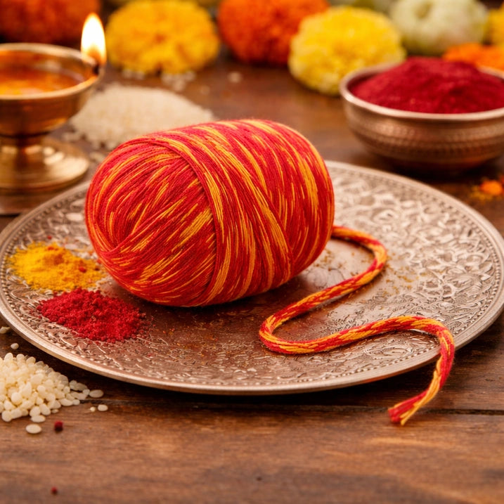 Ball of red and orange yarn on a decorative plate with colorful powders in the background